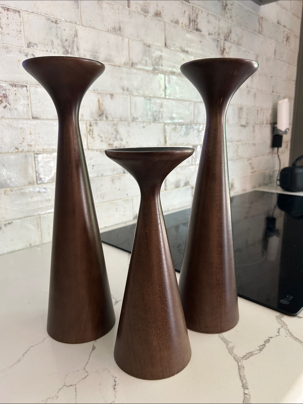Three Wooden Tapered Candle Holders Set - Brown -EUC